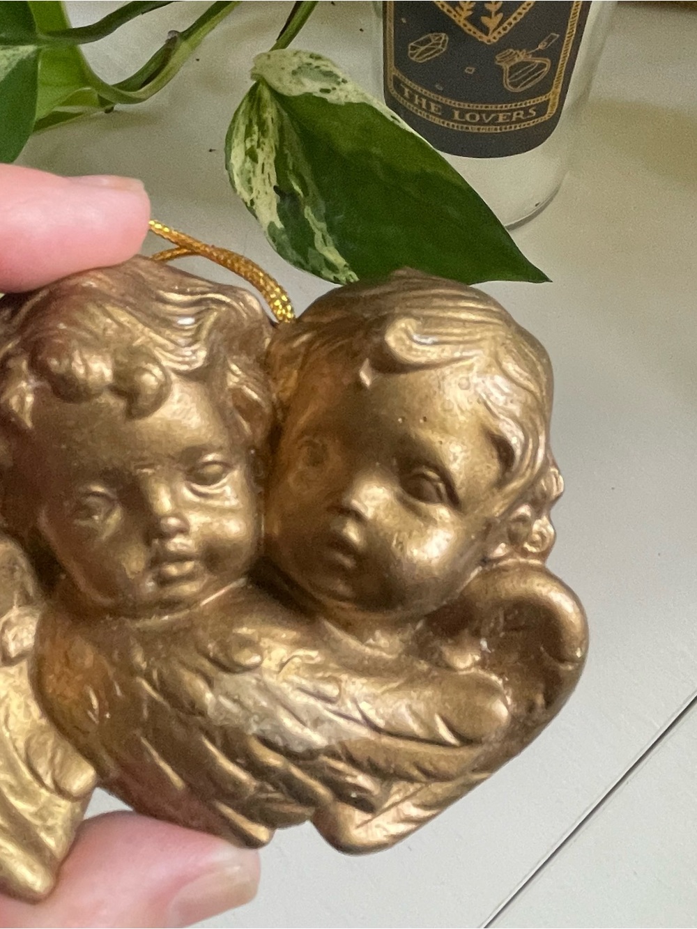 Vintage Gold Cherub Angel Ornament Dual Double Heart Wall Hanging Plaque.